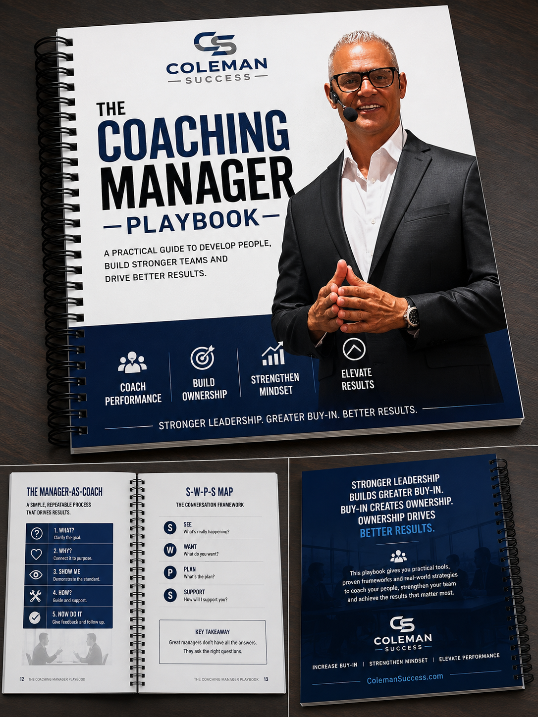 The Coaching Manager Playbook by Coleman Success: front cover, the Manager-as-Coach and S-W-P-S Map pages, and back cover